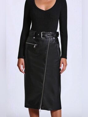 Avec Les Filles Black Faux Leather Midi Skirt with Belt & Zip Details